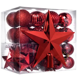 WeRChristmas 42-Piece Shatterproof Baubles Decoration Pack with Tree Topper & Garland - Red, Red