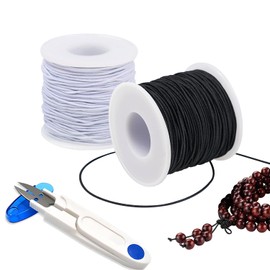 4 Rolls 1 mm×200 m(219 Yards) Stretchy String for Bracelets and one U-Type Scissor Yarn Scissor, Sturdy Elastic String Elastic Cord for Jewelry Making, Necklaces, Beading (2 Black+ 2 White)