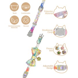 Floral Print Detachable Cat Collar Set - 2-Pack, Cotton Blend, Cute Bell，Adjustable 7.5-12.2in for Boy and Girl Cat (Blue & Green)