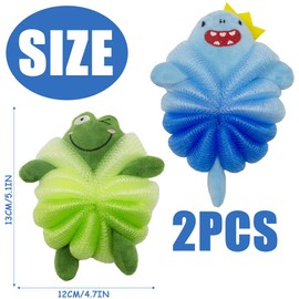 2 Pcs Bath Loofahs for Kids, Cute Cartoon Shower Puff Bath Sponges Loofah Kids Shower Washing Exfoliating Mesh Sponges for Children Shower (Frog+Shark)