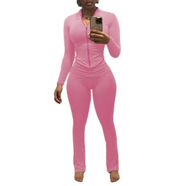 Nimsruc Two Piece Outfits For Women Workout Set Long Sleeve Tracksuit Zip Up Sweatsuits Bodcyon Matching Sweat Pants Sets Pink XL
