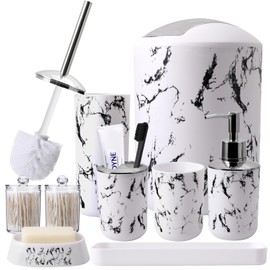 XLHOMO White Marble Bathroom Accessories Set, White Bathroom Set with Trash Can, Vanity Tray, Soap Dispenser, Soap Dish, Toothbrush Holder, Toothbrush Cup, Toilet Brush and Qtip Holders for Bathroom