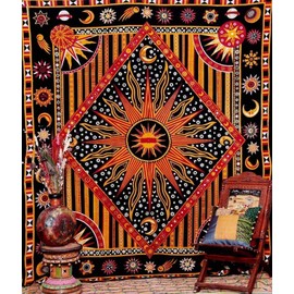 AVA Collections Burning Sun Tie Dye Tapestry Aesthetic Zodiac Mandala Tarot Tapestry Wall Hanging Indian Cotton Wall Décor Burning Sun Tapestries (Size 90x84 inches) (Queen- Burning sun/Orange)