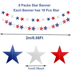 8 Strands Patriotic Star Garland Streamers Banner Fourth July Decorations for July 4th Memorial Day Independence Day Party Supplies Paper Garland Bunting Banner Hanging Decor 55Ft - Red Blue White