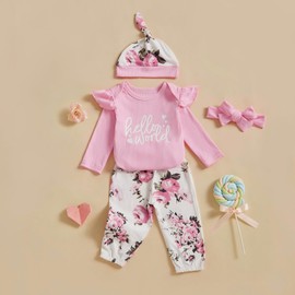 XIXIMAON Baby Girl Spring Outfit Letter Print Long Sleeve Ruffle Ribbed Romper Bow Floral Long Pants Headband Hat 4pcs Newborn Fall Clothes Set (Pink, 0-3 Months)