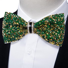 DiBanGu Green and Gold Rhinestone Bow Ties for Men Solid Color Diamond Sequin Bowtie Wedding Party Pre-tied Bow Tie