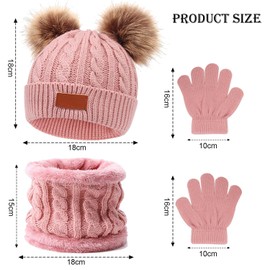 3 PCS Kids Winter Warm Beanie Hat Scarf Gloves Set, Thermal Knit Crochet Thick Fluffy Toddler Scarf Double Pom Pom Bobble Hat with Faux Fur for Girls Boys Children Toddler Aged 3-8 years old (Pink)