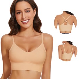 WOWENY Seamless Bra for Womens Comfortable Wireless Bras Adjustable V Neck Bralettes Everyday Padded Bras（Nude,S）