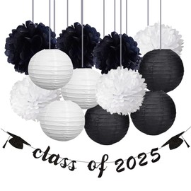Black and White Graduation Decorations Set- Class of 2025 Garland Banner, Paper Tissue Pom Poms, Paper lanterns for Graduation Party Decorations