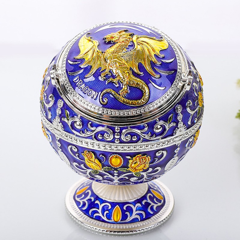 Ball Ashtray with Windproof Lid Retro Dragon Stereoscopic Relief Zinc