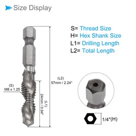 CoCud Combination Drill and Tap Bit, M8 x 1.25 Thread Size 1/4" Hex Shank, 4341 Uncoated High Speed Steel Tools - (Applications: for Aluminum Stainless Steel Plastic), 2-Pieces