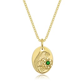Molenia 14K Gold Plated May Lily of the Valley Birth Flower Necklace, Dainty S925 Sterling Silver Oval Emerald Birthstone Medal Pendant, Romantic Retro Jewelry Anniversary Birthday Gift for Women