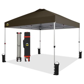 CROWN SHADES 10x10 Pop Up Canopy - Beach Tent with One Push Setup - Outdoor Sun Shade for Events, Parties, Camping - Gazebo with STO-N-Go Cover Bag, Silver Coated Top, 3 Height& 4 Sand Bags, Coffee