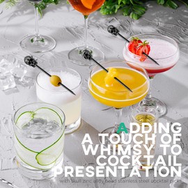 Homestia 6 PCS Metal Cocktail Picks for Drinks, Stainless Steel Skull Cocktail Martini Picks Reusable Olives Picks Garnish Skewer Fruit Toothpicks Pack of 6 Halloween Party (Black)