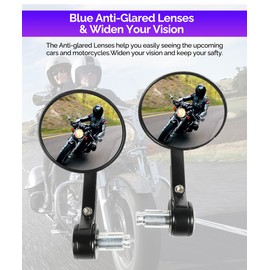 RACOONA Bar End Mirrors, Anti Glare Side View Mirrors for Handlebar, Fits Most Motorcycle with 7/8'' Handlebar (Blue Lense, Round)