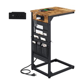 NEFROM C-Shaped End Table with Charging Station, Small Couch Side Table with Storage Bag, Sofa Table for Living Room, Bedroom, Bedside ET-BR-1