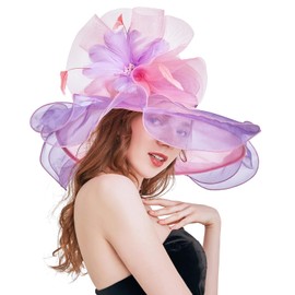 ELLYDOOR Women Derby Church Hat Organza Flower Wedding Tea Party Fascinator Hats Wide Brim Sun Hat Purple Pink