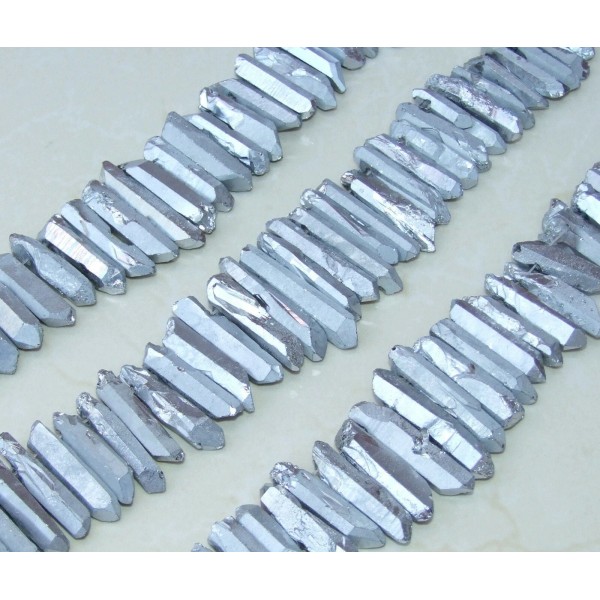 Silver Titanium Quartz Crystal Points Strand Raw Pendant Beads Healing