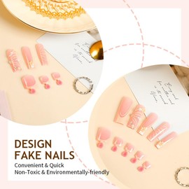 Long Press on Nails Square & Press on Toenails Set, Pink Fake Nails Press ons Yellow French False Nails Butterfly Glue on Nails Full Cover Stick on Toenails Acrylic Nails Kit for Women Manicure 48Pcs