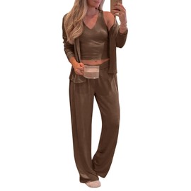 Tankaneo Womens 3 Piece Pajama Set Long Sleeve Shirts V Neck Tank Top Wide Leg Pants Sweatsuit Lounge Sets 2025 Brown