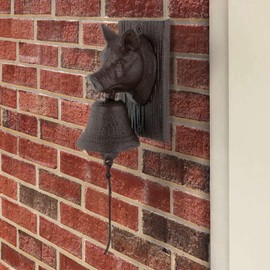 Cast Iron Dinner Bell, Retro Metal Outside Farmhouse Door Bell, Pig Head Shape Decoration Hanging Bell for Yard or Garden, Manually Shaking Doorbell Indoor Outdoor Wall Mounted Ornamental Dinner Bell