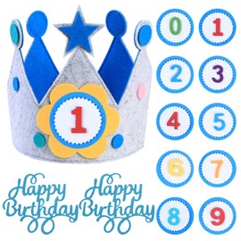 HexinYigjly Birthday Crown, Birthday Children's Crown Girls Interchangeable Numbers from 0-9, 3D Sticker Birthday Fabric Crown Gifts for Girls Boys Children Birthday Decoration (Blue Grey)