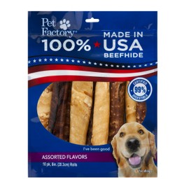 Pet Factory 100% Made in USA Beefhide Rolls Dog Chews, Assorted Flavors (Beef & Chicken), Treats for Medium Dogs - 8", 10 Count/1 Pack