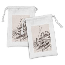 Lunarable Boat Fabric Pouch Set of 2, Detailed Hand Drawing Sketch of Fishing Dinghy Sails and a Canoe on a Shore, Small Drawstring Bag for Toiletries Masks and Favors, 9" x 6", Champagne Chocolate