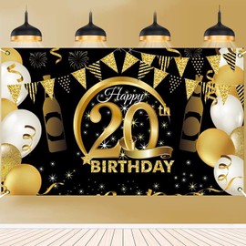 DOKLY 20th Happy Birthday Backdrop Banner, 20th Birthday Party Decoration Background, Black Gold Birthday Banners Supplies for Indoor Outdoor Photo Booth Props Children Men Women (70” x 43”)