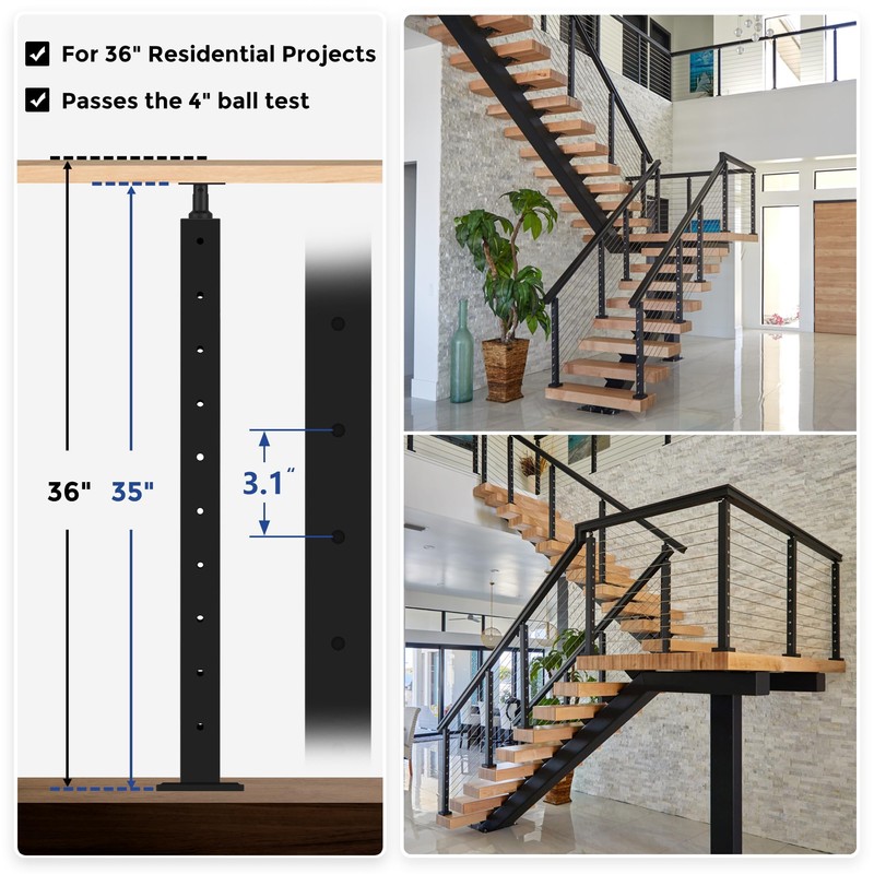 Gyykzz 36" Cable Railing Post, Adjustable Top Level Drilled Railing