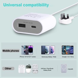 UCOMEN Long Cord Charging Station, Fast Charger with 2 USB Ports, Type A and Type C, 5V 3.5A, with 1.5 Meter long Extension Cord, Portable and Unique Design Gray - 2 Pack