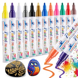 FooMoTech Paint Pen Markers - 12 Colors Permanent Acrylic Markers, Oil Based, Medium Tip, Quick Dry, Wateproof Paint Markers for Rock, Fabric, Metal, Wood, Plastic, Canvas, Leather, Glass