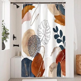 Shower Curtain, Boho Style, Uiiooazy Shower Curtain, Abstract Blue Leaves, Mid-Century Shower Curtain, Anti-Mould, Waterproof, Polyester Fabric, Washable, Opaque Bathroom Curtain with Hooks, 120 x 180