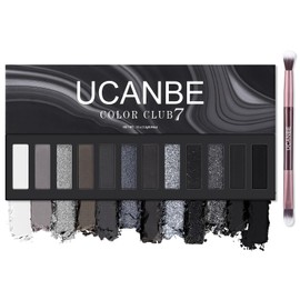 UCANBE Smokey Eyeshadow Palette, Dark Black White Gray Silver Natural Nude Matte Shimmer Eye Shadow Pallet for Smoky Emo Goth Makeup, 12 Color High Pigmented Long Lasting Waterproof Pallete with Brush