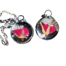Red Rose Necklace, Real Pressed Flower Pendant, Hand Made in USA, Rosebud, June Birth Flower, June Birthday Gift for Mom, Wife, Loved One, Girlfriend, Artisan Hand Crafted by Bayou Glass Arts (22sf)