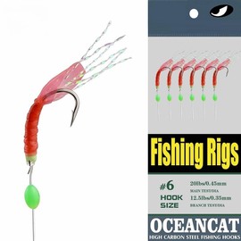6 Hook/Set Fishing Rigs Red Feather Fish Skin Rubber Silk String Hook Fishing Lure Saltwater Freshwater Bait Rig Tackle 5#6#7#8#9#10# (#7-10 Packs)