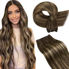 Hetto Weft Hair Extensions Human Hair Balayage Brown Sew in Human Hair Extensions Strawberry Blonde with Dark Brown Extensions Remy Hair 16inch 80g #4/27/4