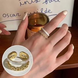 Crymystal Vintage White Enamel Ring Gold Chain Ankle Ring Layered Open Finger Ring Vintage Stacked Ring Adjustable Enamel Ring for Women Girls Ornaments, Metal