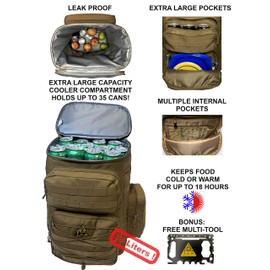 Cooler Backpack, Tactical, Insulated. Heavy Duty, Extra Large, Leak Proof for Hiking, Camping, Beach. Bonus, Credit Card Multi Tool Included (Charcoal Grey)