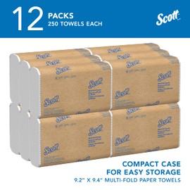 Scott® Multifold Paper Towels (03650), with Absorbency Pockets™, 9.2" x 9.4" sheets, White, Compact Case for Easy Storage, (250 Sheets/Pack, 12 Packs/Case, 3,000 Sheets/Case)