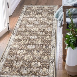 jinchan Runner Rug 2x6 Washable Hallway Rug Vintage Floral Indoor Soft Retro Distressed Dusty Brown Multi Carpet Country Boho Non Slip Bathroom Kitchen Living Room Bedroom Dining Room