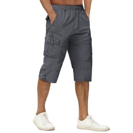 TACVASEN Men's Below Knee Work Shorts - Elastic Waist Long Shorts for Camping, Hiking, Outdoor - 3/4 Capri Pants in Grey