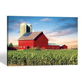 Farmhouse Wall Art Canvas Decor: Farm Country Scene Picture Red Barn with Flag Print Artwork Countryside Rural Painting for Living Room Bathroom Kitchen Home