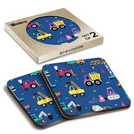 2 x Square Coasters - Construction Vehicles Tipper Truck Boys Kids Crane Cork Backed MDF Glossy Tea Coffee Accessory #170530