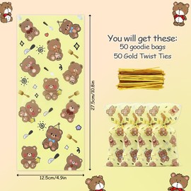 50 bolsas de regalo de oso para baby shower, bolsas de celofán, bolsas amarillas con 50 lazos dorados para niños, niñas, cumpleaños, Navidad, Pascua
