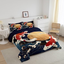 Feelyou Japanese Ukiyoe Comforter Set Kids Oriental Ocean Wave Comforter for Boys Girls Japanese Koi Fish Bedding Set Retro Moon Duvet Set Room Decor Quilt King Size Boys