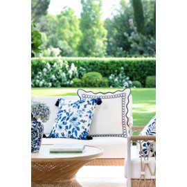 Hofdeco Premium Coastal Patio Indoor Outdoor Throw Pillow Cover Only, 18"x18" Water Repellent for Backyard, Couch, Navy Baby Blue Print Watercolor Rose and Hydrangea Flower