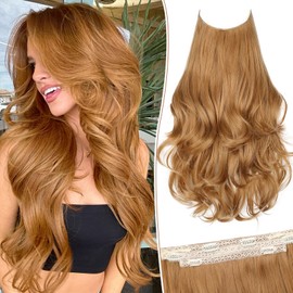 KooKaStyle Invisible Wire Hair Extensions Long Wavy Layered Synthetic Hair Extensions with Transparent Wire Adjustable Size 6 Secure Clips Strawberry Blonde Hairpieces for Women 20 Inch