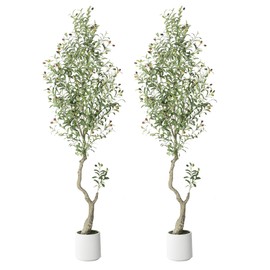 GarveeHome Faux Olive Tree 7ft, Olive Trees Artificial Indoor with White Planter, Artificial Silk Plants with Green Leaves and Big Fruits for Home Office DéCor Living Room Bedroom Stairs Foyer,2 Pack