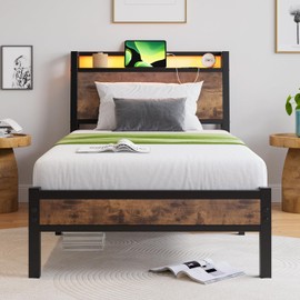 ZGEHCO Twin Bed Frames with Ergonomic Storage Headboard,Metal Platform Bed Frame with Charging Station,LED Bed Frame Twin Size No Box Spring Needed,Heavy Duty Steel Slats,Noise Free,Rustic Brown